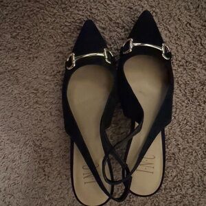 INC International Concepts Black Pointed Slingback Flats with Gold Accent